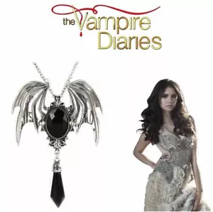 The Vampire Diaries: Antique Silver Black Onyx Drop Bat Wing Pendant & Chain Set - Picture 1 of 2