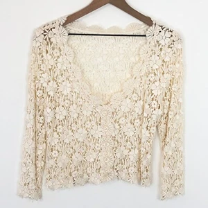Surrealist Floral Lace Cardigan Women Small Button Up 3/4 Sleeve Champagne - Picture 1 of 5