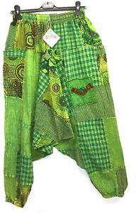 FAIRTRADE PATCHWORK COTTON LOW CROTCH ALI BABA HAREM TROUSERS BLUE GREEN O/S