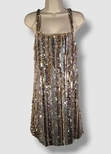 $598 Parker Women's Gold Nava Sequin-Stripe Sleeveless Mini Shift Dress Size 6 - Picture 1 of 6