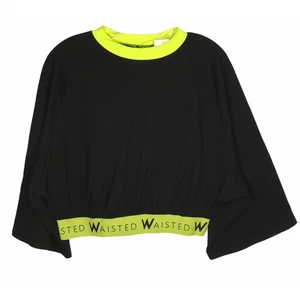 Crop top vita donna grande nero giallo fluo orlo fascia elastica atletica - Foto 1 di 5