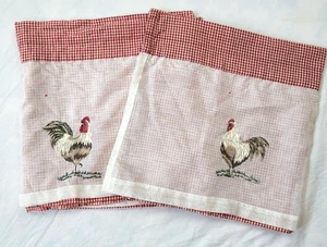 2 Waverly Embroidered Rooster Valances Red Gingham Sheer Top Layer Back Fade - Picture 1 of 11
