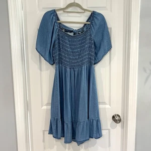 Sweet Wanderer Smocked Chambray Ruffle Flowy Sleeve Denim Dress Sz 1X Bow Back - Foto 1 di 15
