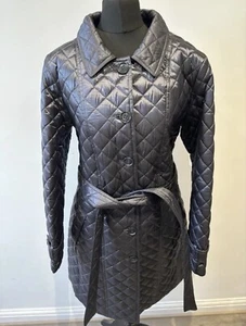 MONA Quilted Jacket Coat Metallic Navy Belted Size UK 16R NWOT - Picture 1 of 14