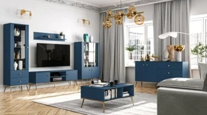 Wohnzimmer Komplett – 6-teilig, Farbe: Dunkelblau / Gold - Bild 1 von 17