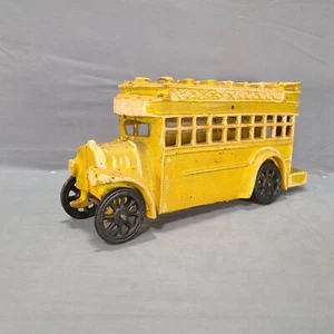 Heavy Cast Iron Yellow Double Decker Bus Vintage Missing One Wheel - Picture 1 of 11