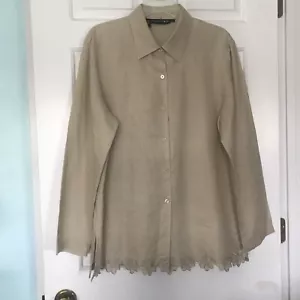 Vtg Carlies Court Womens L Beige Linen Long Sleeve Button Up Floral Trim Shirt - Picture 1 of 14