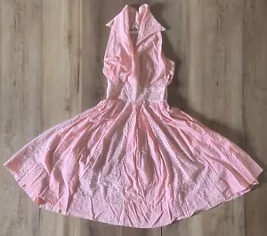 Vintage 50er 60er Jahre Minx Modes rosa Neckholder Gingham Blumenmuster Öse passt Flare Kleid SIEHE ABSCHNITT - Bild 1 von 18
