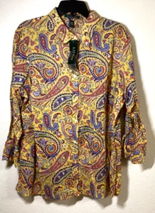 Lauren Ralph Lauren Shirt Women's 2X Paisley Print On Yellow Cotton New w/Tags - Picture 1 of 6