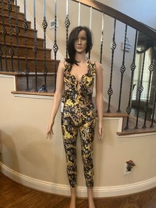 VERSACE  NWT  Signature Black Gold Baroque Print Stretch Jumpsuit  XS - Picture 1 of 13