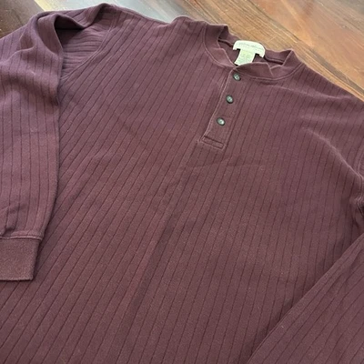 Camisa Henley Eddie Bauer Para Hombre Tejida Acanalada Peso Pesado Manga Larga Granate Talla M Foto 1 de 4