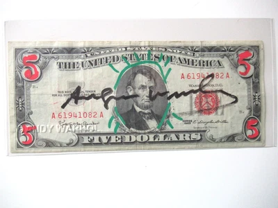 A. WARHOL: 5$ echte Dollarnote  in Farbe schwarz Original SIGNIERT VON WARHOL - Bild 1 von 4
