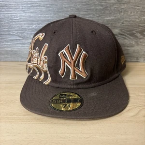 New York Yankees Hat Cap Fitted Mens 7 5/8 Brown Tan MLB Baseball Script New Era - Picture 1 of 11