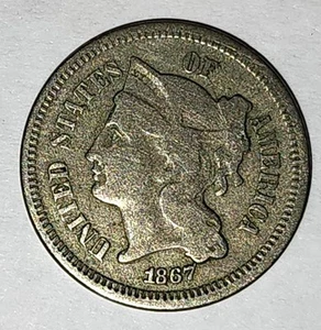 1867 3 Cent Nickel - Old US Three Cent Type Coin - Post Civil War Era, Grade F - Picture 1 of 4