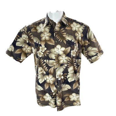 Campia Moda Hawaiian Aloha Shirt Medium Plumeria Floral Brown Tan - Image 1 of 4
