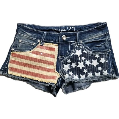 American Flag Jean Shorts Women 1/2 Blue Cut Offs Shorty Daisy Dukes Sexy Sequin - Image 1 of 4