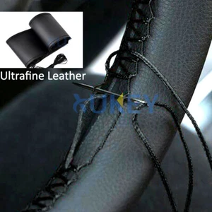 Black Genuine Leather Car Steering Wheel Glove Cover Wrap W/ Needles Thread - Picture 1 of 9