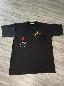Vintage 90s ACME Looney Tunes Road Runner Wile E. Coyote Black Size L T-shirt - Picture 1 of 8