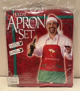 Holiday Apron Set with Apron and Santa Hat. “Kiss The Bartender”. NEW - Picture 1 of 4