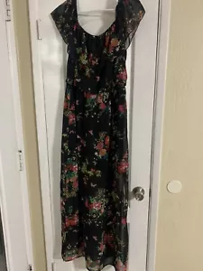 Bailey Blue Floral Black Long Maxi Short Sleeve Semi Sheer Dress Sz XL - Picture 1 of 4