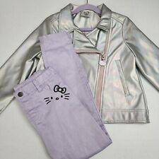 Girls Sanrio Hello Kitty Metallic Silver Moto Jacket & Purple Pants Outfit 6x