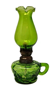 VTG Green Glass Finger Oil Lamp Grape Vine Leaf Apple Fruit Ruffled Chimney Mini - Picture 1 of 12