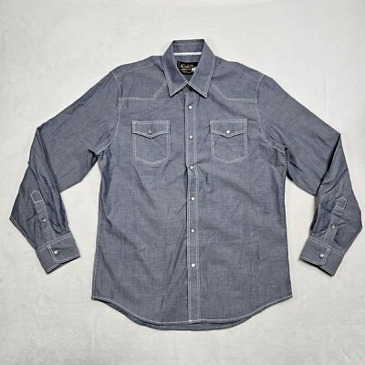 Dukes Bark Pearl Snap Button Shirt Mens M  Chambray Western Gray White Stitch - Image 1 of 4