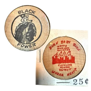 Vintage 1960s Black Power Wooden Nickel Burn Baby Burn Civil Rights Token - Picture 1 of 6