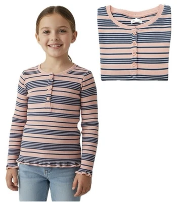 NEXT Mädchen NXT geripptes Oberteil langärmelig Henley rosa gestreift Rippe T-Shirt Baumwolle reich