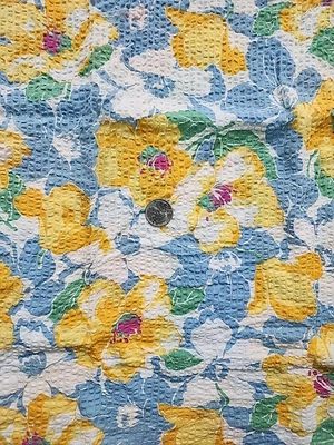 50s 60s Large Floral Print Cotton Plisse Sewing Fabric 30"w X 1.5yds Blue Yellow - Image 1 of 4