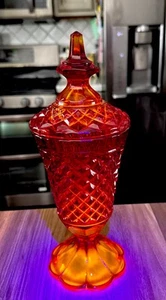 Vintage Amberina Cadmium UV Reactive Ruby Red Apothecary Diamond Point Canister - Picture 1 of 14