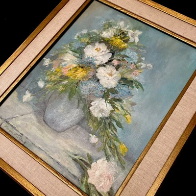 Vtg Original Frame Oil Painting Art Signed Blue STILL LIFE FLOWERS Vase Margaret - Image 1 of 4