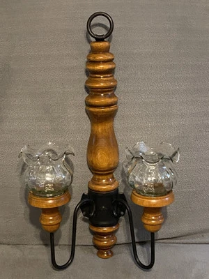 De colección 2 Brazos Hierro Forjado Madera Colgante Pared Aplique Cónico Candelabro 17.5"H  Foto 1 de 2