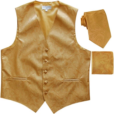 New Men's formal Slim Fit Tuxedo vest Waistcoat_necktie & hankie paisley Gold - Image 1 of 4