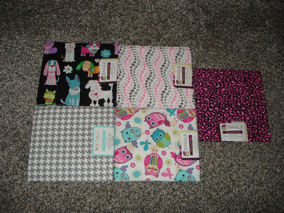 LOT OF FIVE FAT QUARTERS - FUN & COLORFUL COTTON PRINT FABRICS OWLS, DOGS+ - Image 1 of 1