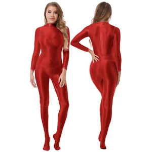 Womens One-Piece Glossy Bodysuit Long Sleeve Jumpsuits Catsuit Bodystocking - Picture 1 of 160