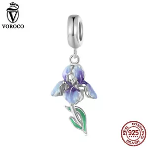 Women Fashion 925 Sterling Silver Iris CZ Hanging bead Charm Fit Bracelet VOROCO - Picture 1 of 14