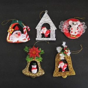 5 Archway Christmas Ornaments Bear Santa Flocked Glitter Vintage 60s 70s - Foto 1 di 7