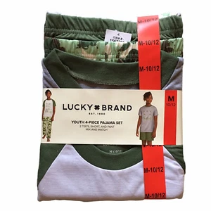 Lucky Brand New Boy's Size Medium 10/12 4 Pece PJ Set 2 Tee's Short & Pant - Picture 1 of 7