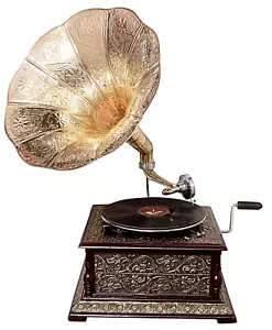Grammophon Nachbau Player 78 U/min quadratisch geprägt Phonograph Messing Horn - Bild 1 von 7