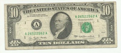 1977 $10 Boston Radar Note A2652 2562A Fr-2023A LOT 62 - Image 1 of 2