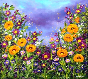 Original Floral Painting "Marigold Meadow" 18" x 16" box canvas by Judith Rowe - Picture 1 of 6