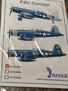 HUSSAR DECALS # 032008  1:32nd SCALE F4U CORSAIR DECAL - Picture 1 of 2