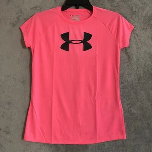 Under Armour T Shirt HeatGear Pink Short Sleeve Logo Loose YLG Large Girls - Picture 1 of 9