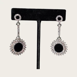 White Rhinestone Faux Onyx Sunflower Drop Earrings, 2" - Picture 1 of 4