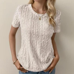 Women's Eyelet Embroidery Short Sleeve Tops Shirts Solid Crewneck Retro T-Shirts - Picture 1 of 14