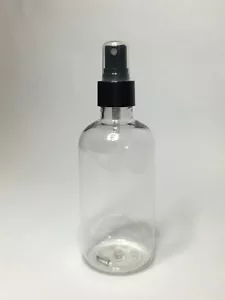 Empty 250ml PET Clear Plastic Boston Bottle And Black Atomiser Spray ANY AMOUNT - Picture 1 of 3