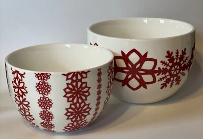 Christmas Winter Snowflake Themed Crate & Barrel Bowls Red/White Ceramic - Image 1 of 4