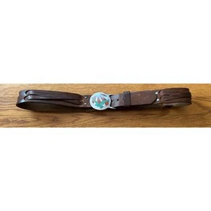 Vintage RJ Roberts Crush Coral Turquoise Pewter Belt Buckle Leather Hand Crafted - Picture 1 of 7
