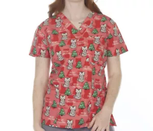 NWT Women's 3X Meowy Christmas Cat Print I Love Scrubs Scrub Top - Picture 1 of 1